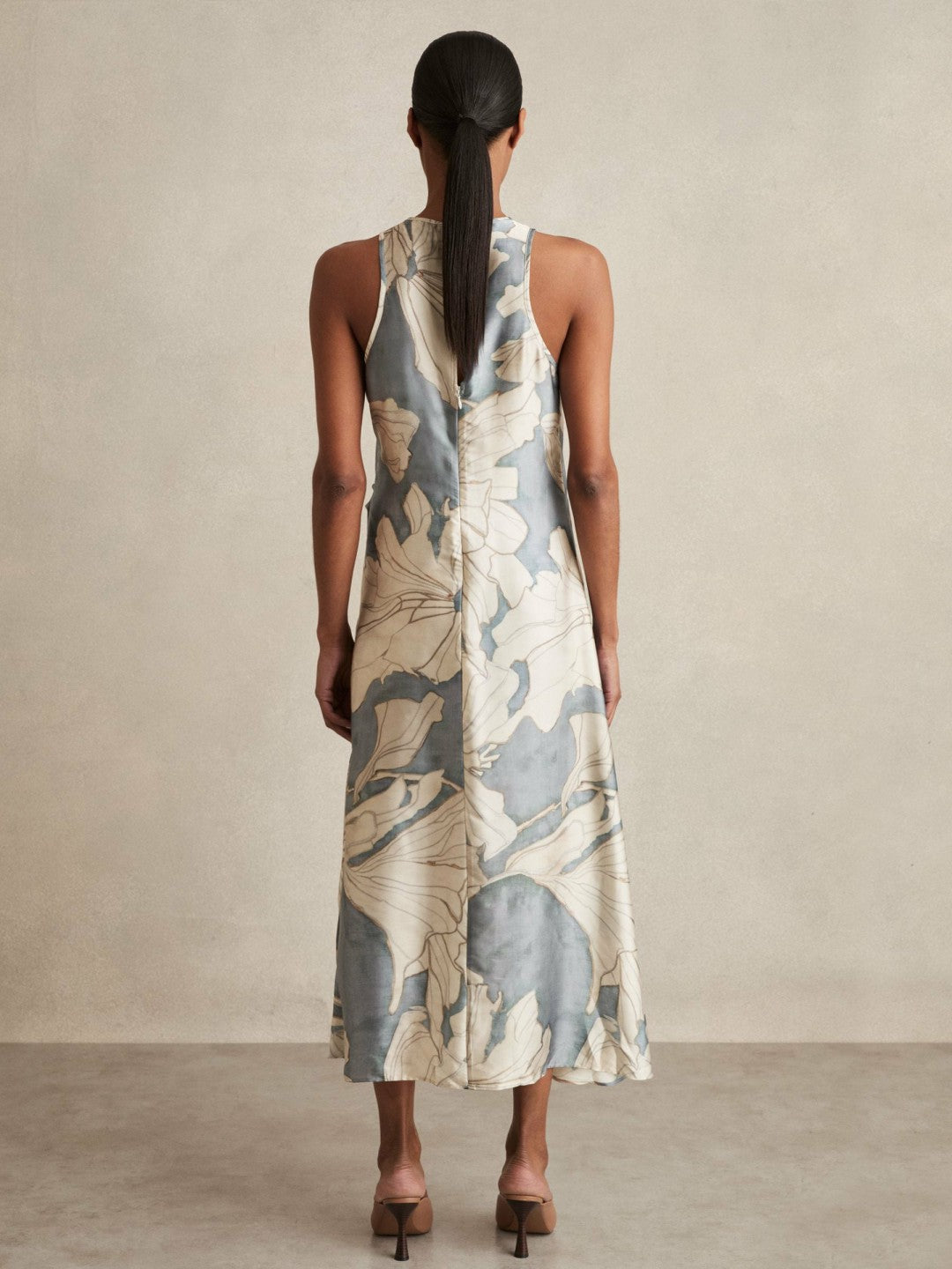Women Satin Floral Drape Midi Dress in Blue