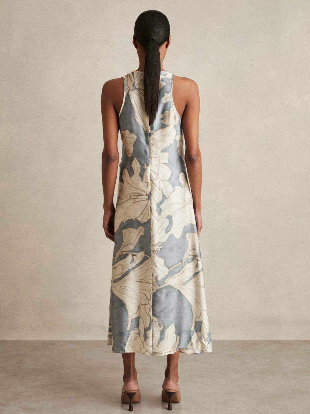 Women Satin Floral Drape Midi Dress in Blue