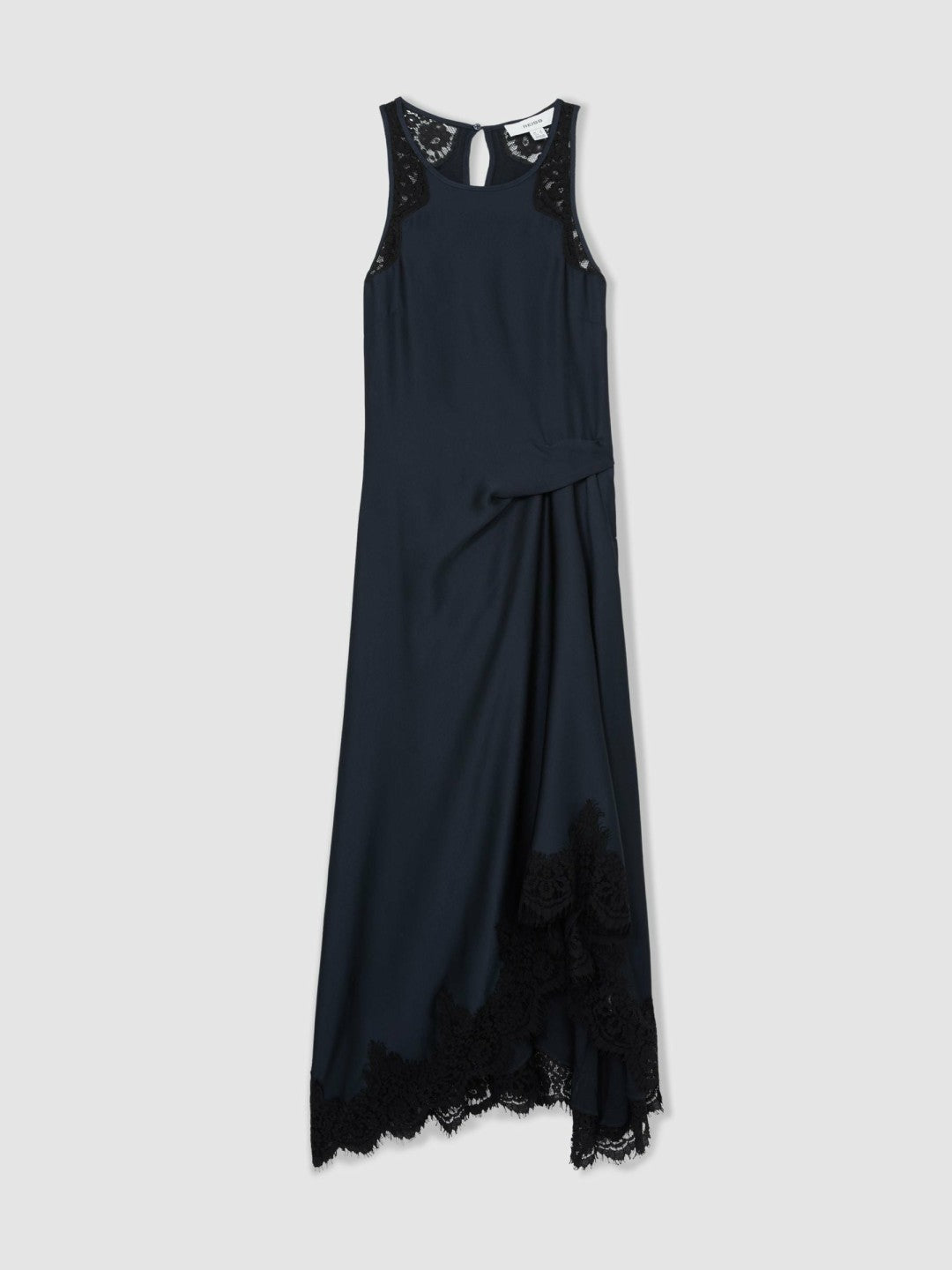 Women Petite Satin Drape Lace-Trim Dress in Navy