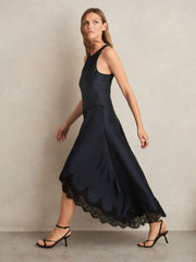 Women Petite Satin Drape Lace-Trim Dress in Navy