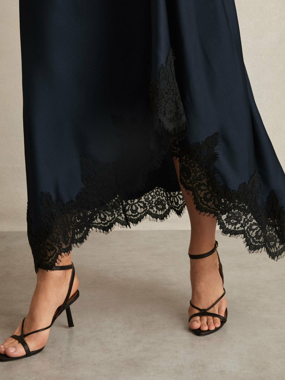 Women Petite Satin Drape Lace-Trim Dress in Navy