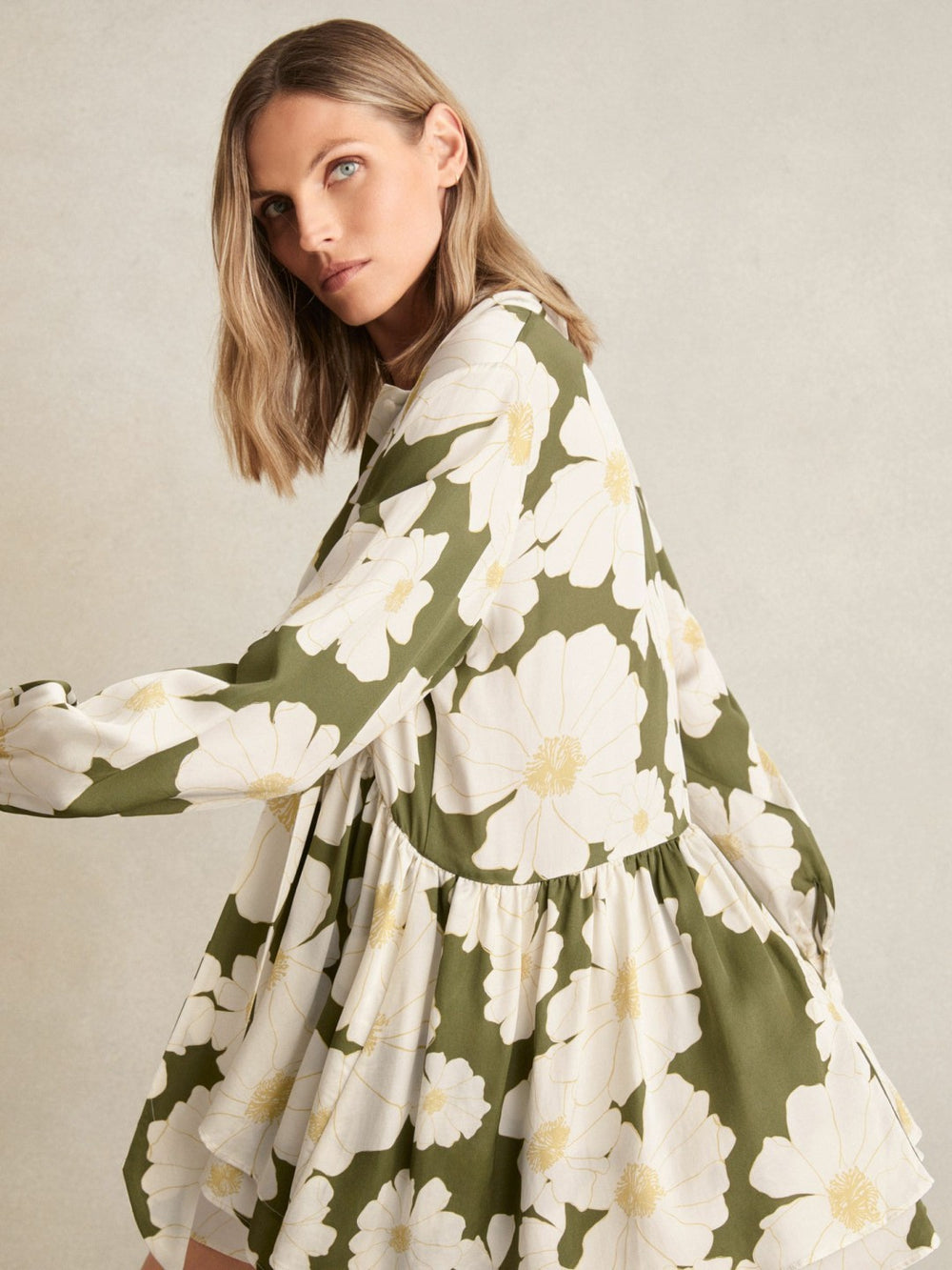 Women Floral Tie-Neck Swing Dress in Ivory/Green