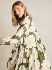 Women Floral Tie-Neck Swing Dress in Ivory/Green