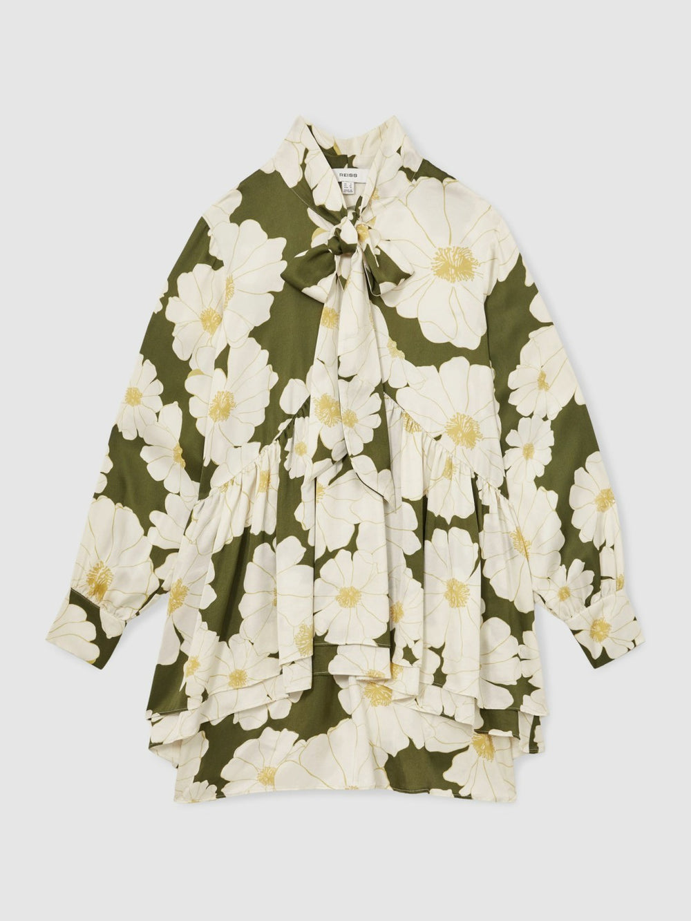 Women Floral Tie-Neck Swing Dress in Ivory/Green