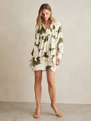 Women Floral Tie-Neck Swing Dress in Ivory/Green