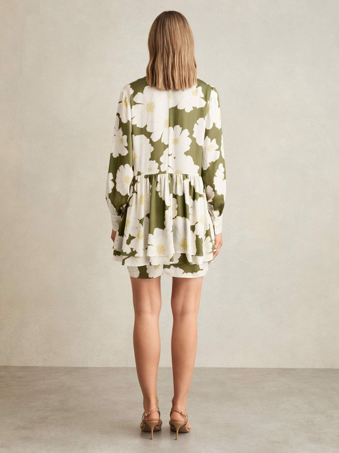Women Floral Tie-Neck Swing Dress in Ivory/Green