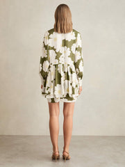 Women Floral Tie-Neck Swing Dress in Ivory/Green