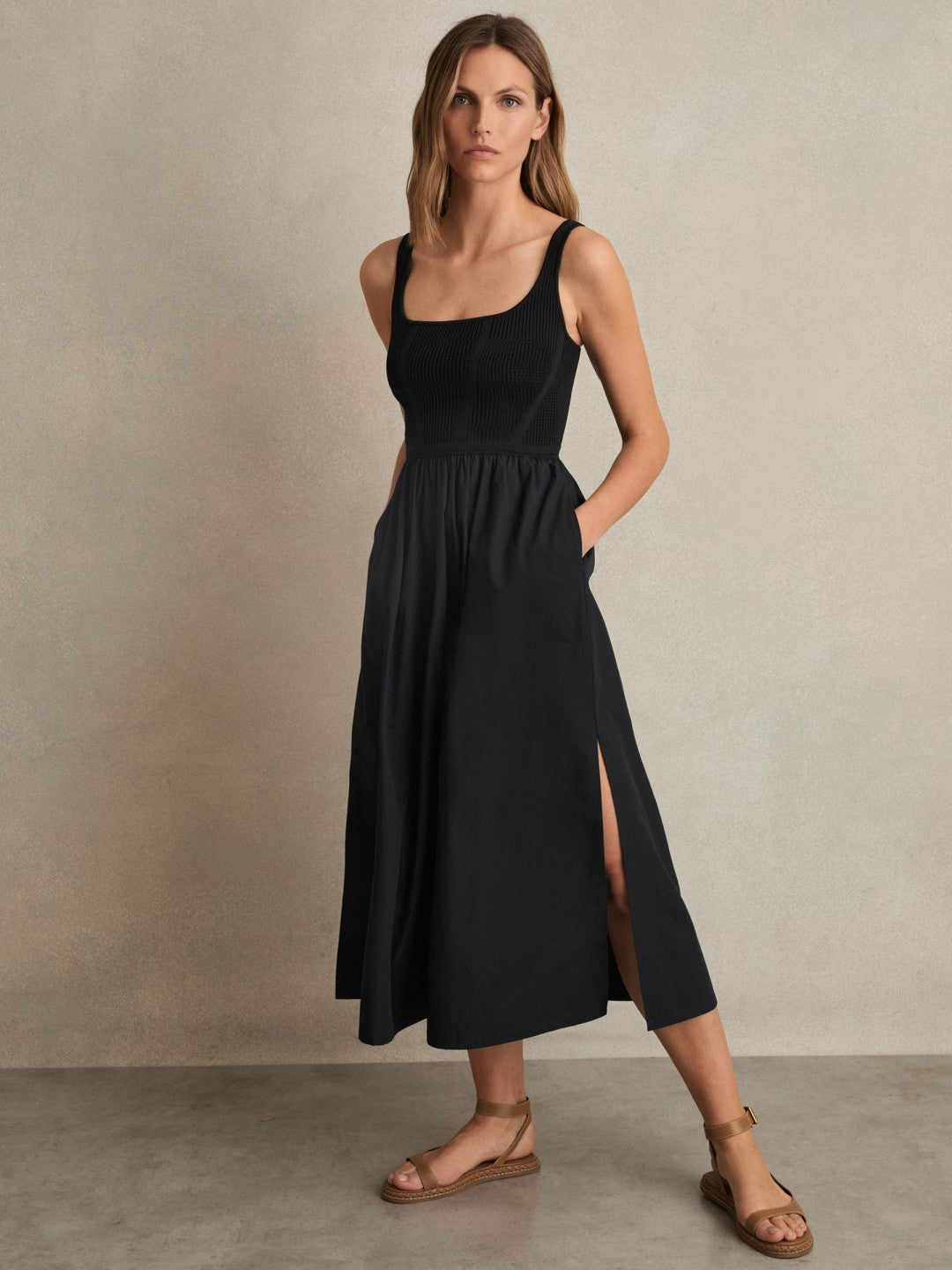 Women Perforated-Knit Cotton-Skirt Midi Dress in Navy
