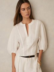 Women Linen Balloon-Sleeve Top in Ivory
