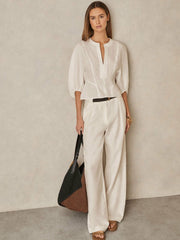 Women Linen Balloon-Sleeve Top in Ivory