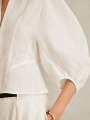 Women Linen Balloon-Sleeve Top in Ivory