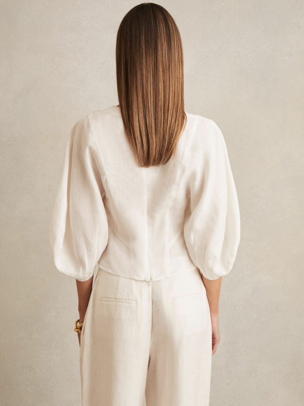 Women Linen Balloon-Sleeve Top in Ivory
