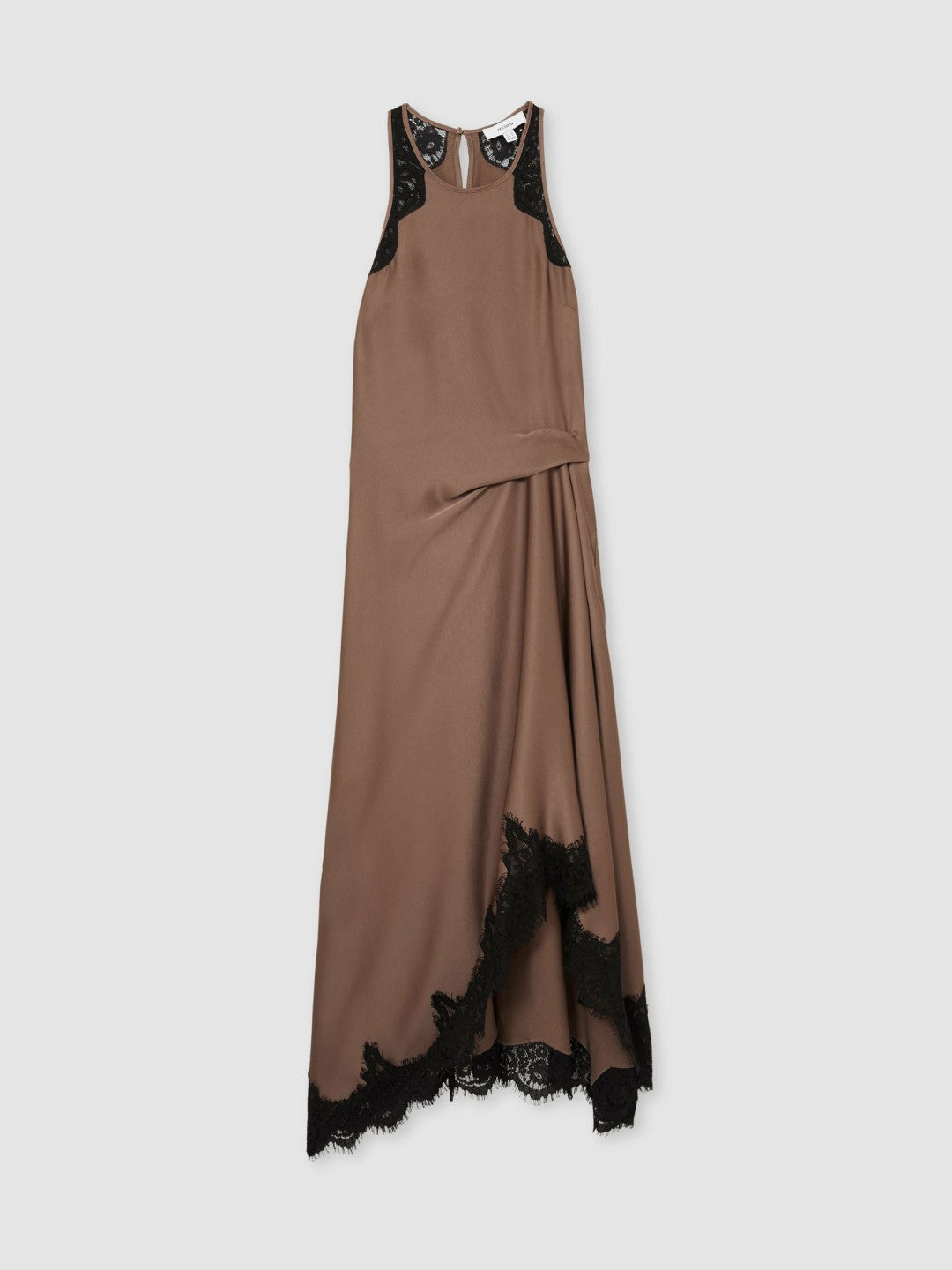 Women Satin Drape Lace-Trim Dress in Mocha Brown
