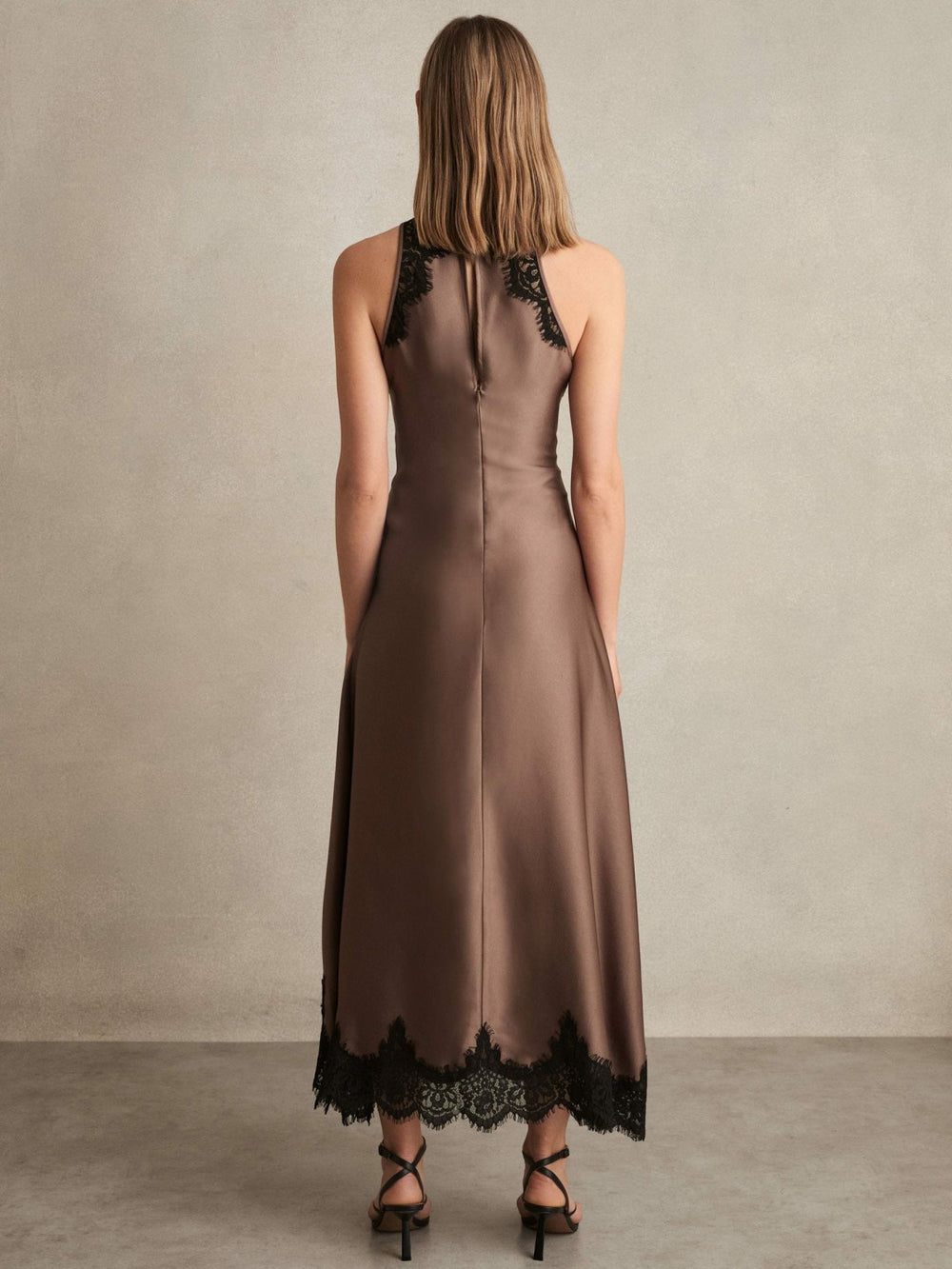 Women Satin Drape Lace-Trim Dress in Mocha Brown