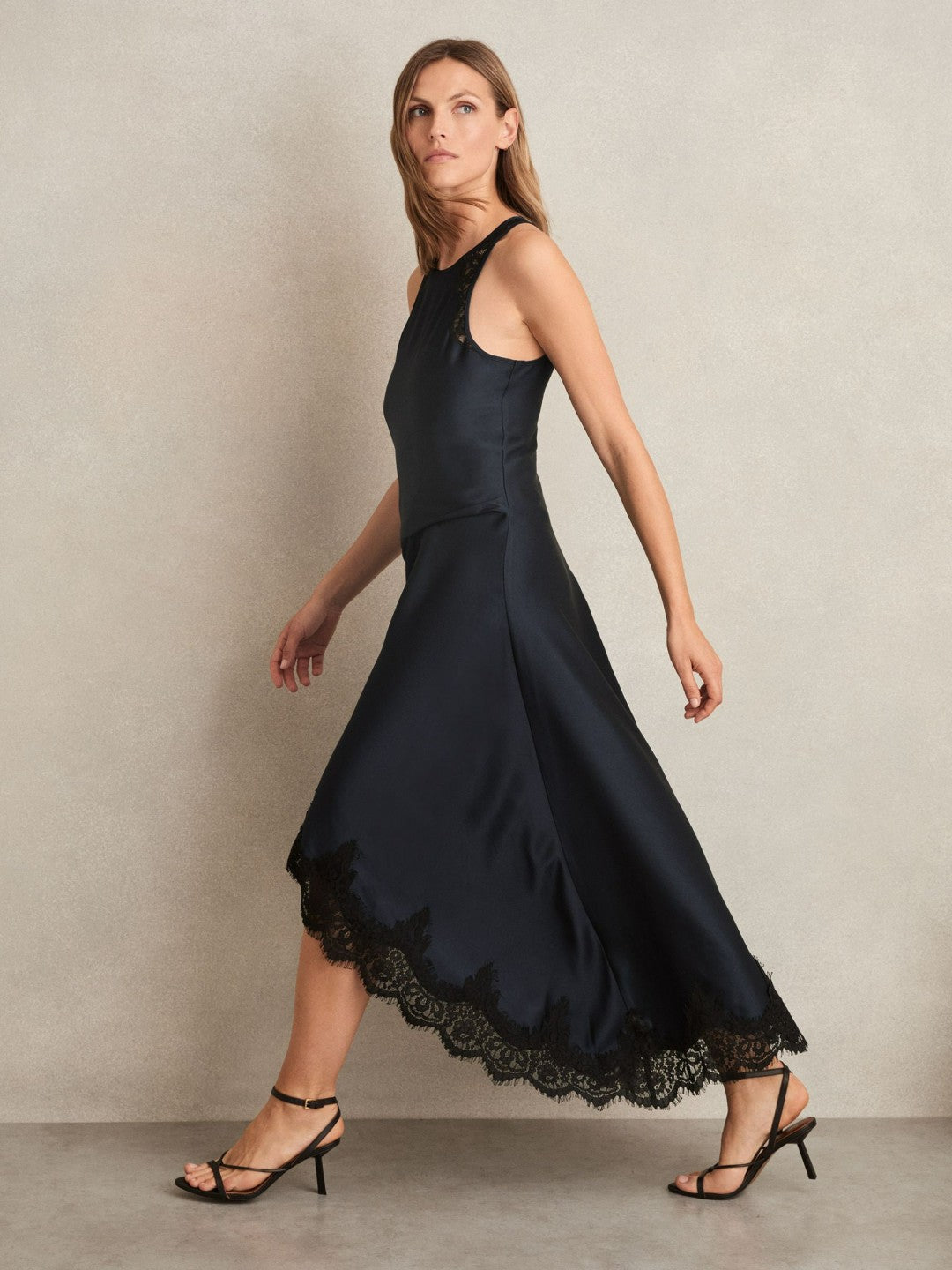 Women Satin Drape Lace-Trim Dress in Navy