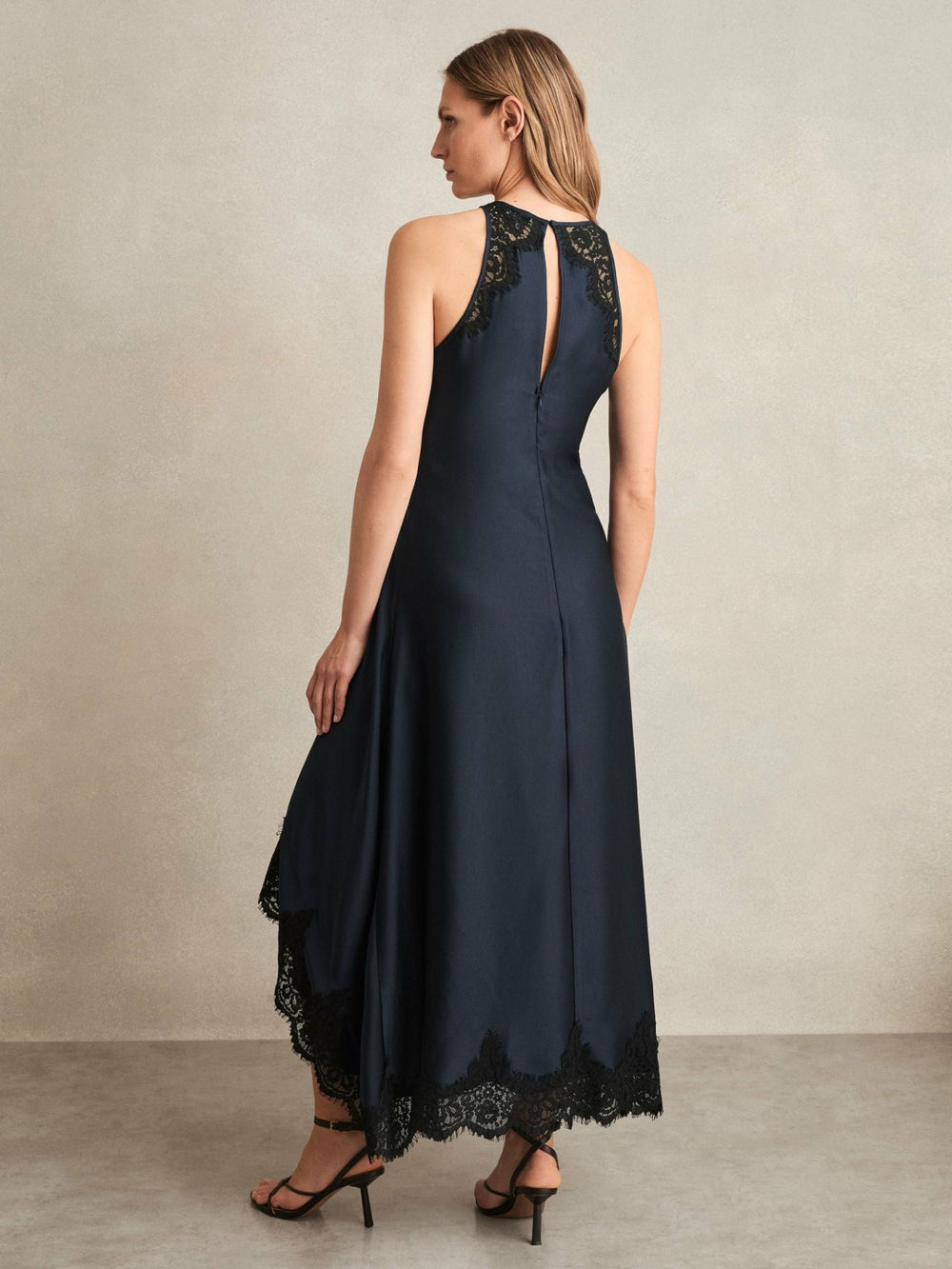 Women Satin Drape Lace-Trim Dress in Navy