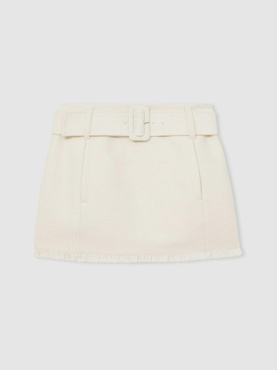Women Bouclé Belted Mini Skirt With Wool and Cotton in White