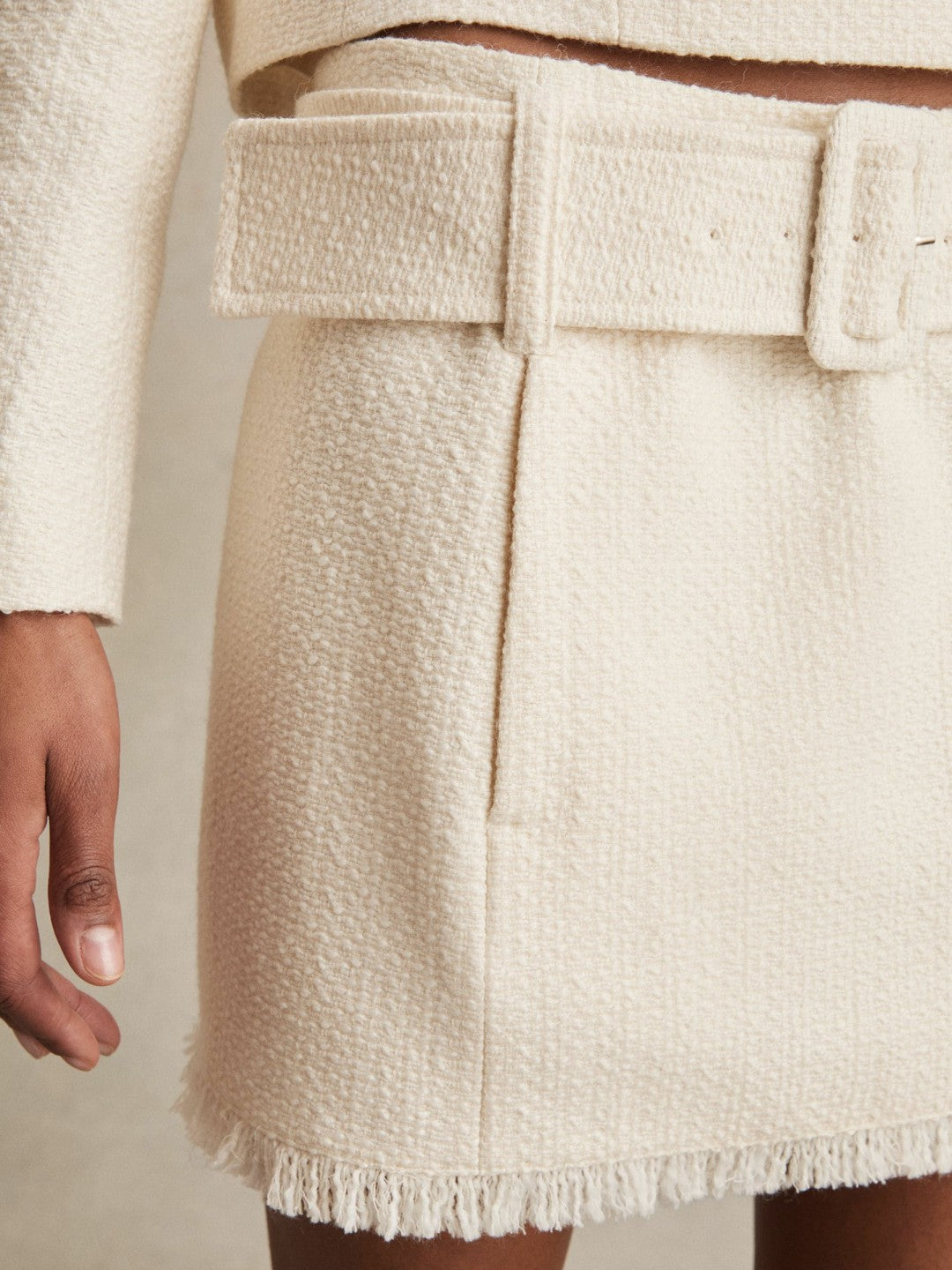 Women Bouclé Belted Mini Skirt With Wool and Cotton in White