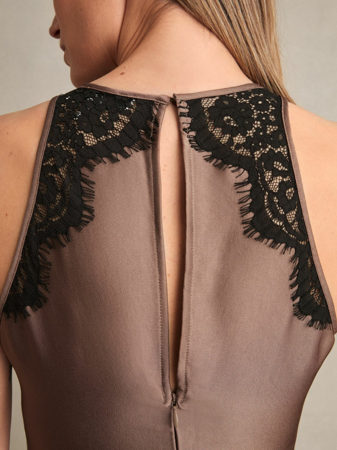 Women Petite Satin Drape Lace-Trim Dress in Mocha Brown