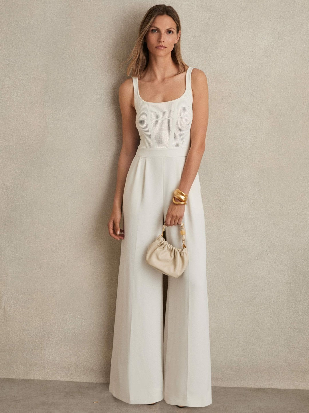 Women Perforated-Knit Wide-Leg Jumpsuit in Ivory