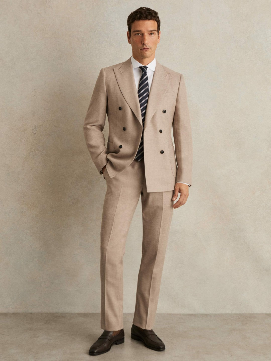 Men Wool-Blend Slim-Fit Suit Trousers in Oatmeal Brown