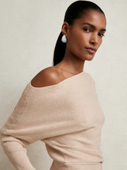 Women Asymmetric Draped Knitted Jumper in Oatmeal Neutral