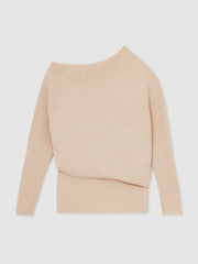 Women Asymmetric Draped Knitted Jumper in Oatmeal Neutral