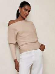Women Asymmetric Draped Knitted Jumper in Oatmeal Neutral