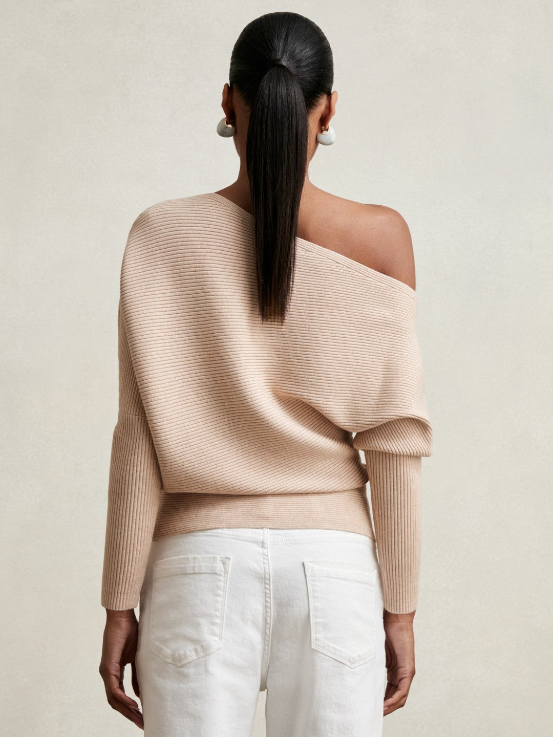 Women Asymmetric Draped Knitted Jumper in Oatmeal Neutral