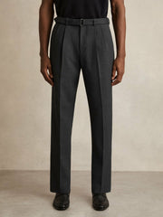 Men Wool-Blend Belted Pleated Trousers Regular-Fit in Charcoal Grey