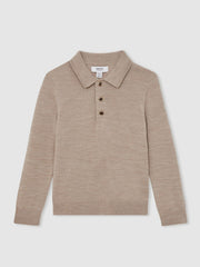 Children & Baby 9-13 yrs Merino Wool Long-Sleeve Polo Shirt in Wheat Melange