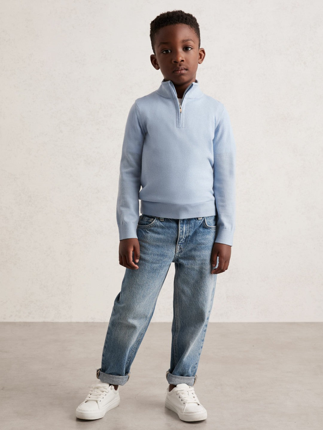 Children & Baby 3-9 yrs Merino Wool Half-Zip Funnel Neck Jumper in Soft Blue Melange