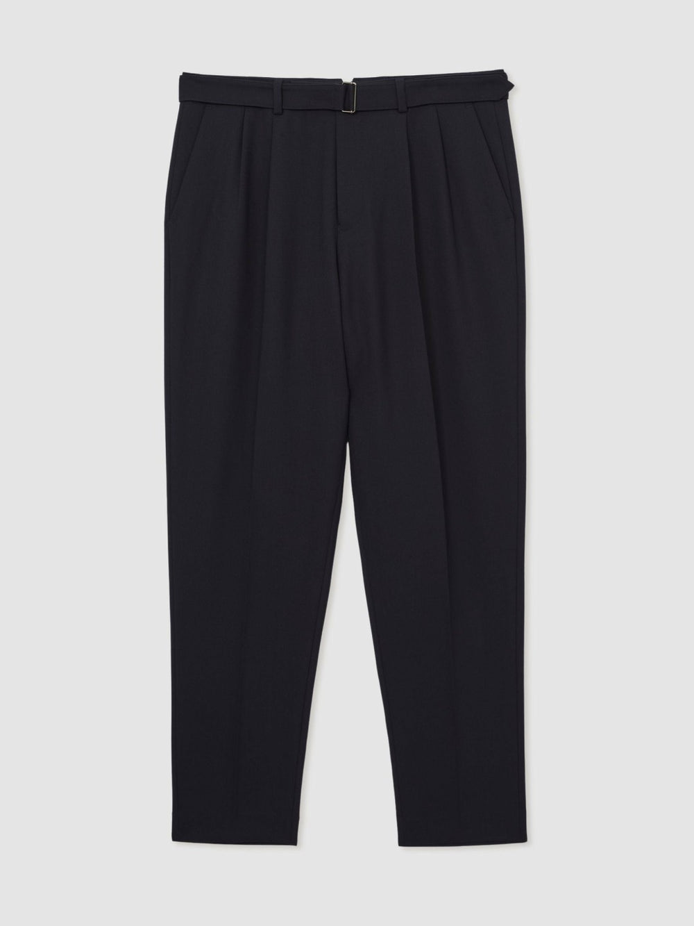 Men Wool-Blend Belted Pleated Trousers Regular-Fit in Navy
