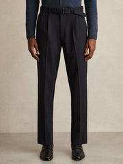 Men Wool-Blend Belted Pleated Trousers Regular-Fit in Navy