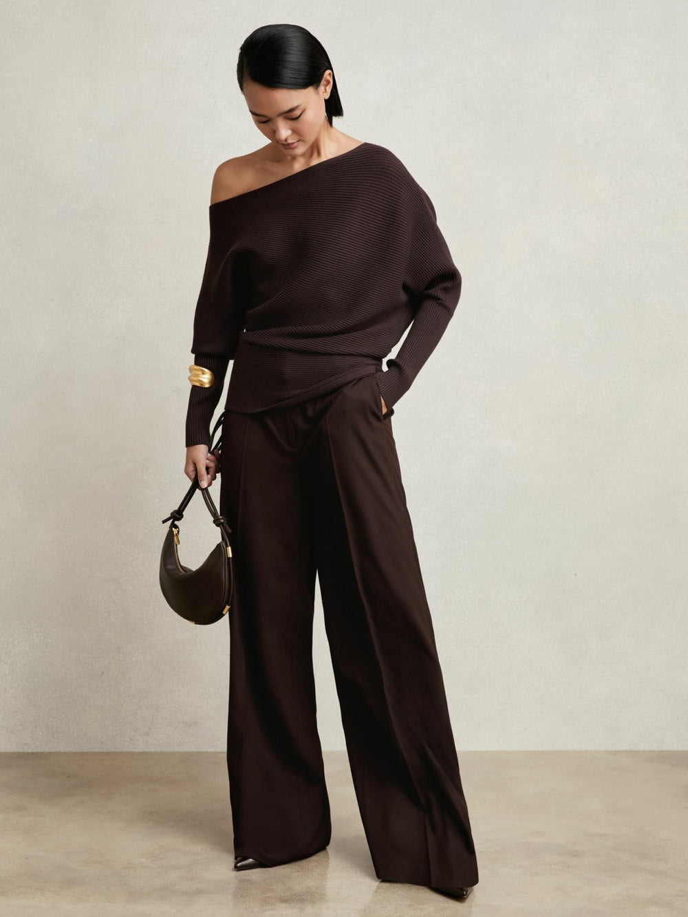 Women Asymmetric Draped Knitted Jumper in Plum