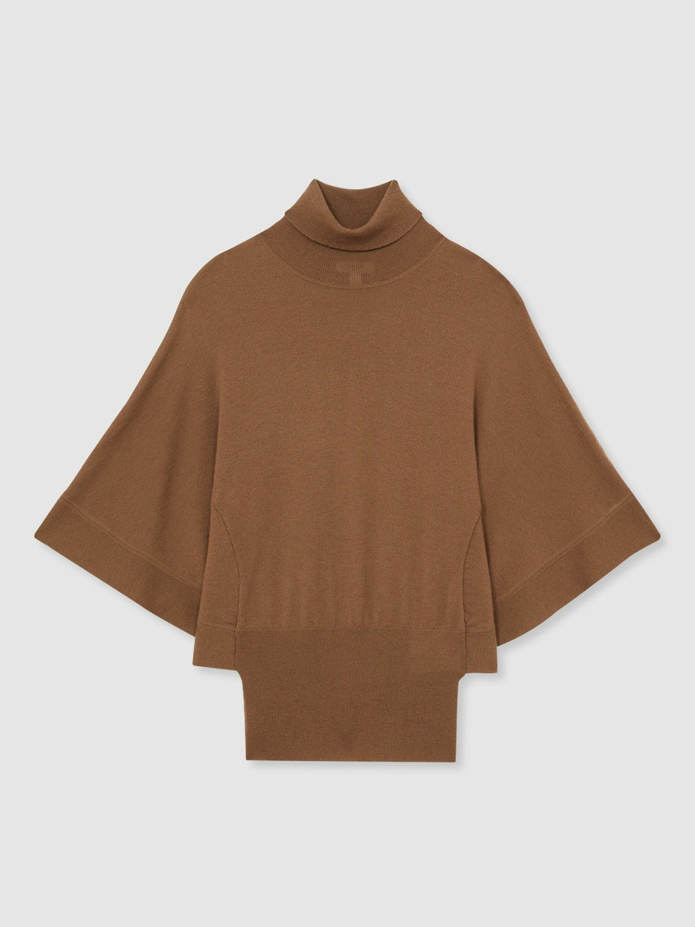 Women Merino Wool Batwing Roll-Neck Jumper in Tan