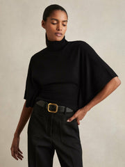 Women Merino Wool Batwing Roll-Neck Jumper in Black