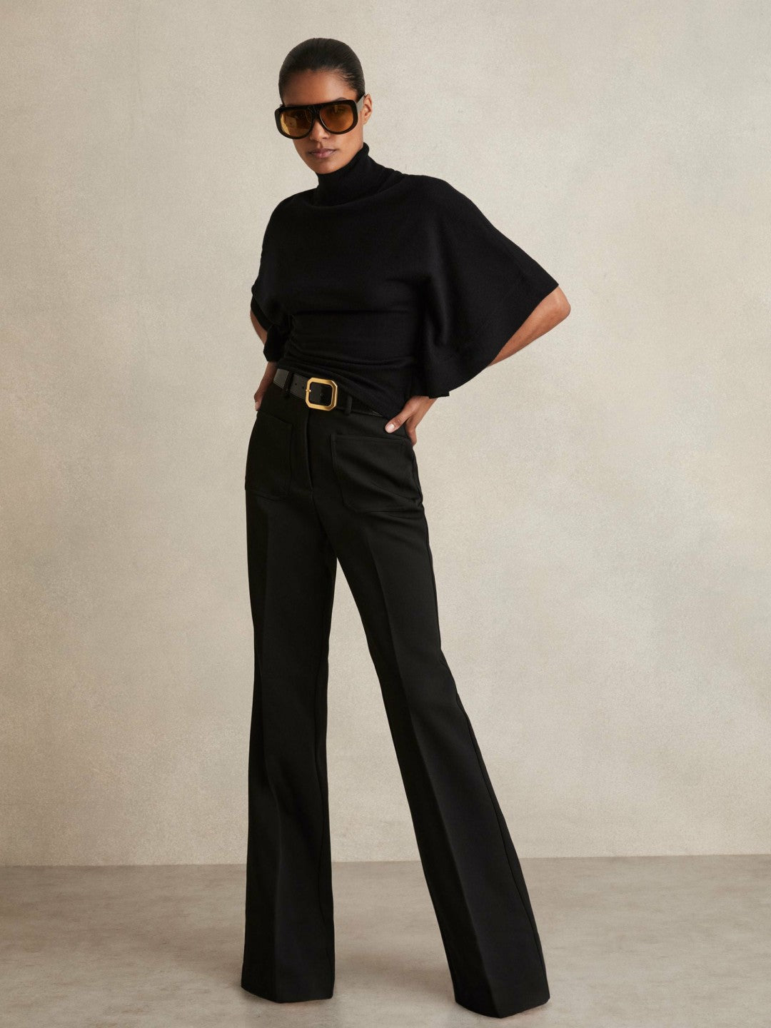 Women Merino Wool Batwing Roll-Neck Jumper in Black