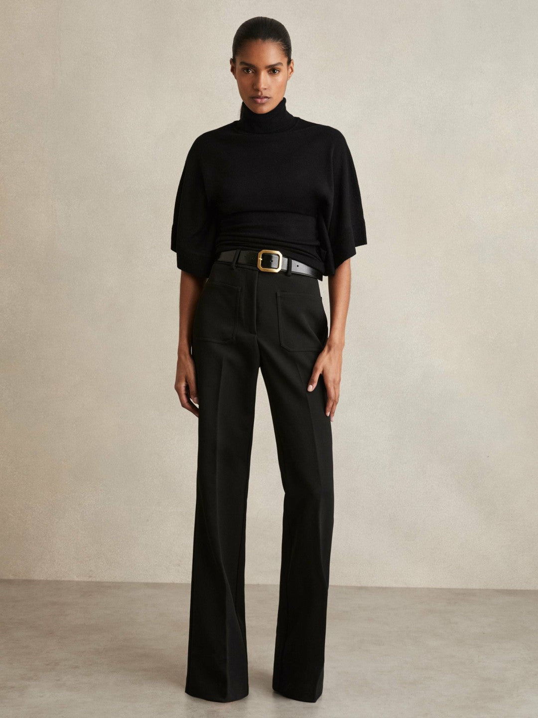 Women Merino Wool Batwing Roll-Neck Jumper in Black