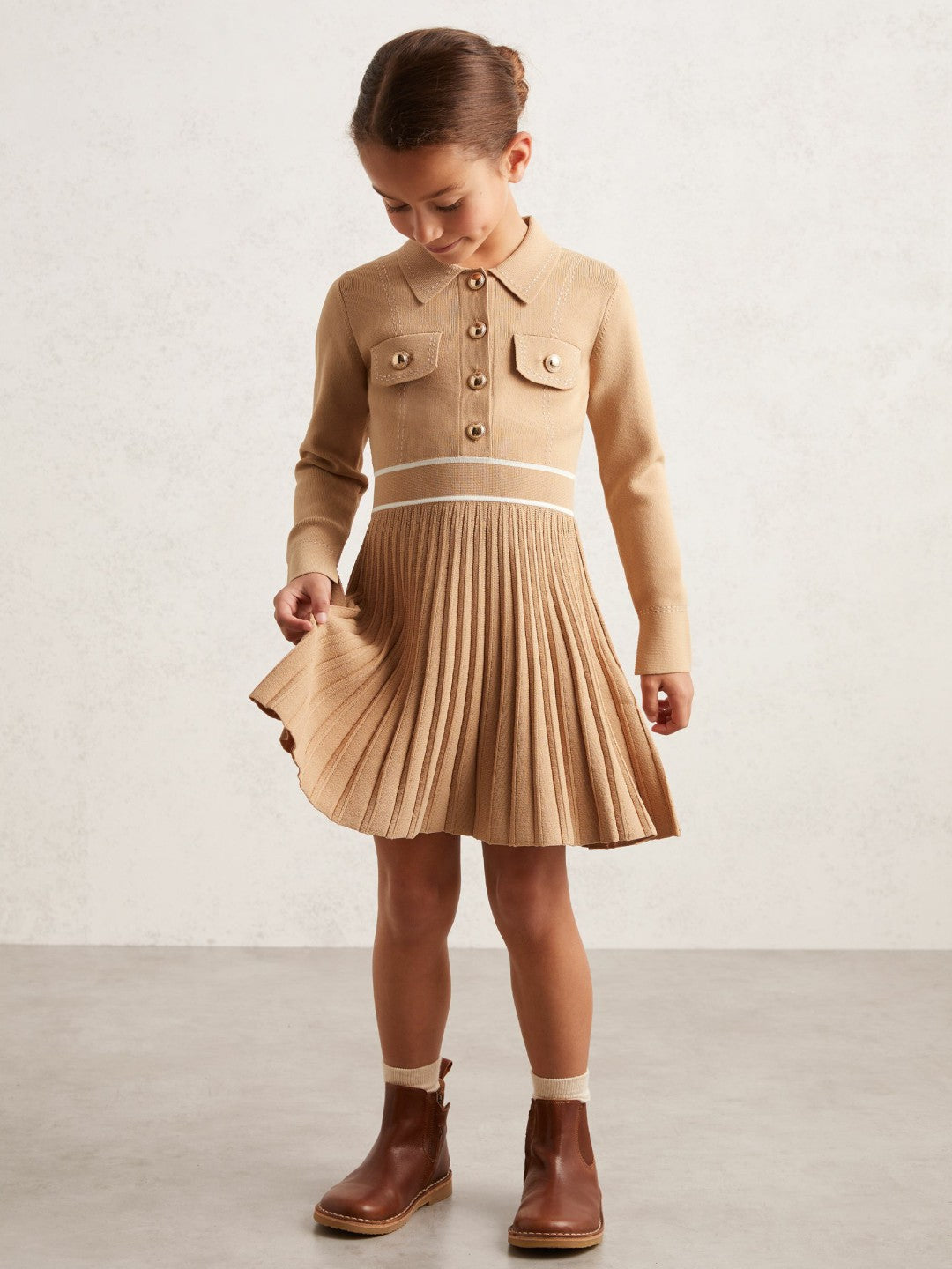 Children & Baby 3-9 yrs Button-Detail Stripe Knitted Dress in Camel