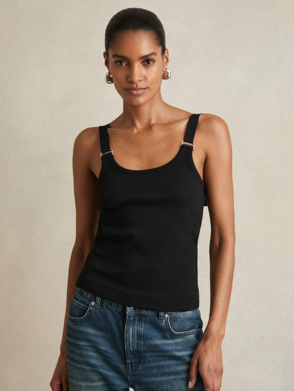 Women Stretch-Cotton D-Ring Strap Vest in Black