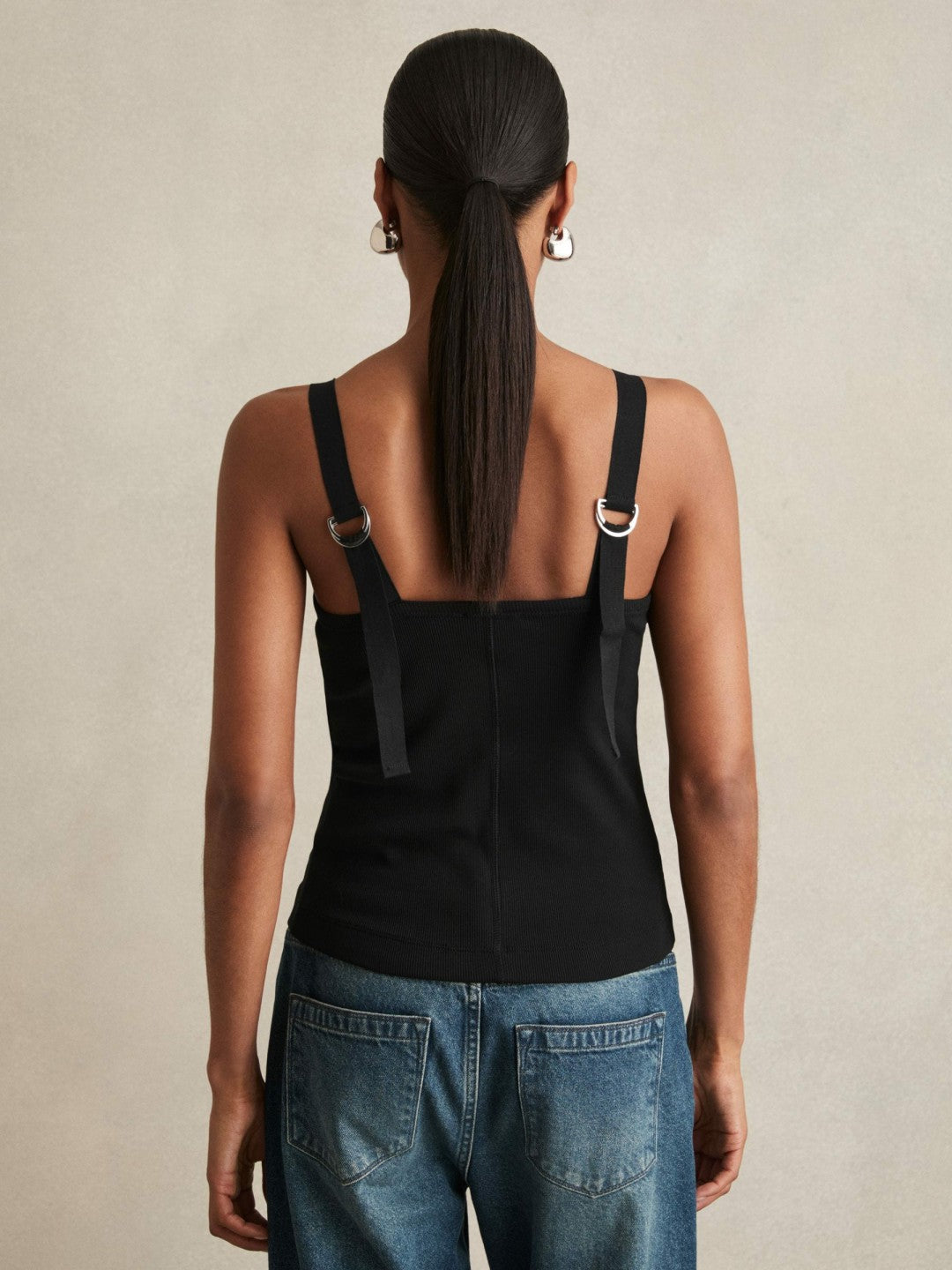 Women Stretch-Cotton D-Ring Strap Vest in Black