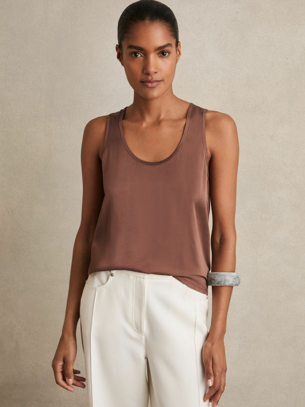 Women Silk-Front Cami Top in Mocha Brown