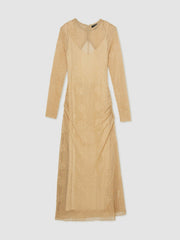 Women Lace-Knit Ruched Maxi Dress in Gold