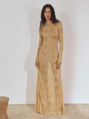 Women Lace-Knit Ruched Maxi Dress in Gold