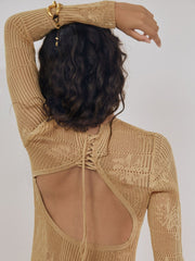 Women Lace-Knit Ruched Maxi Dress in Gold