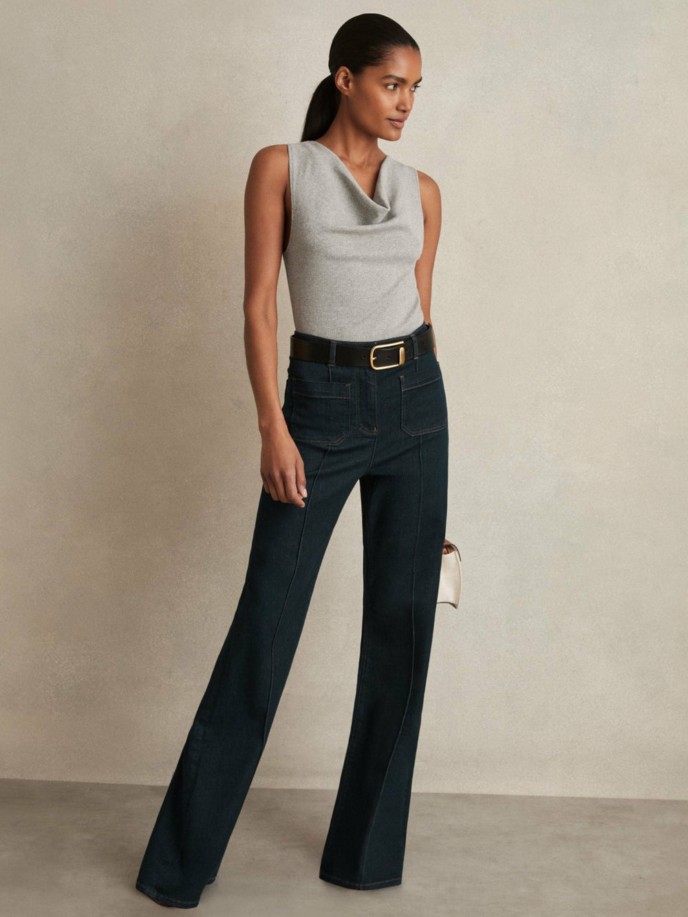 Women Ribbed Cowl-Neck Vest in Grey Marl