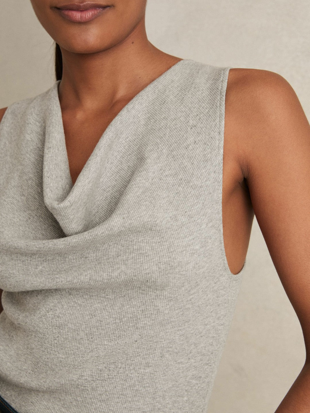 Women Ribbed Cowl-Neck Vest in Grey Marl