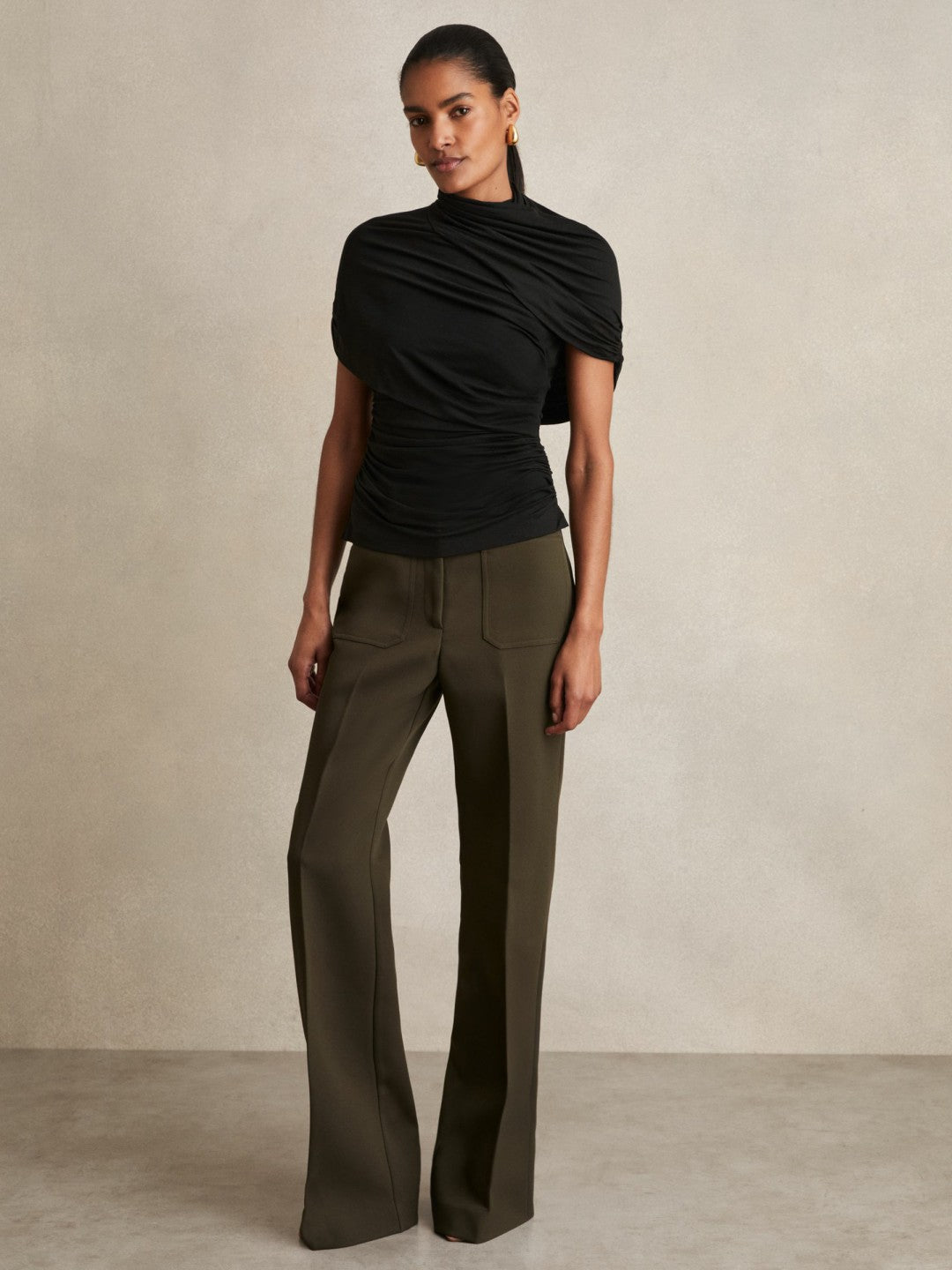 Women Stretch Lyocell Draped Top in Black