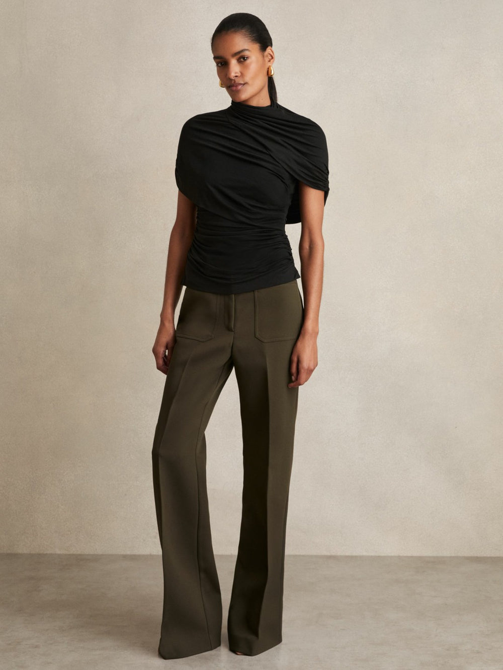 Women Stretch Lyocell Draped Top in Black